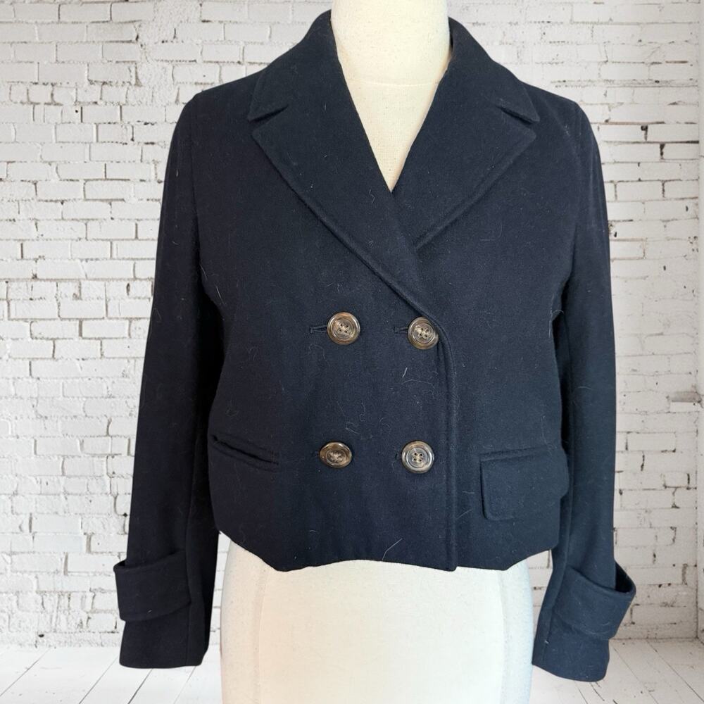 Anthropologie Cartonnier‎ Crop Blazer Jacket M Midnight Blue Wool Blend Pea Coat
